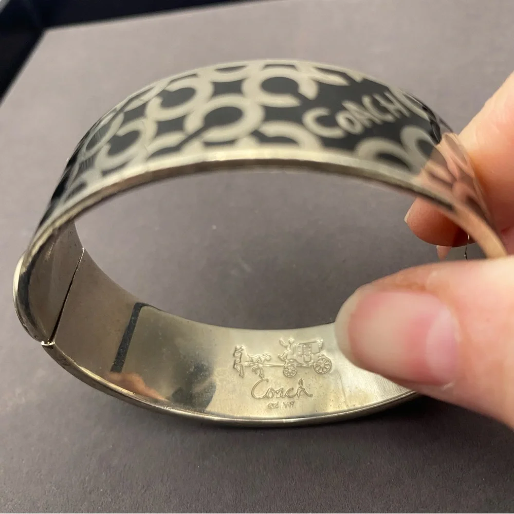 Coach Silver-Tone Black Logo Hinged Bangle Bracelet